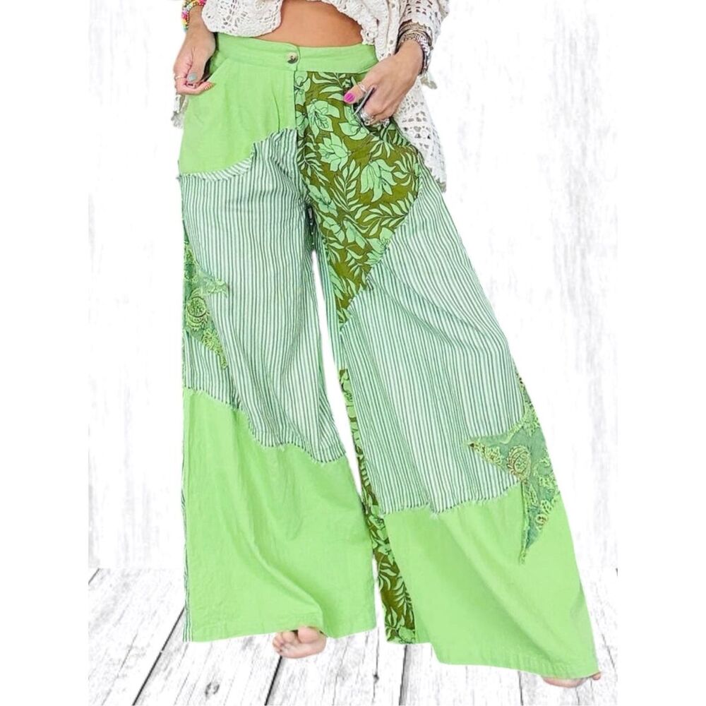 POL Striped Floral Patchwork Wide Leg Pants Green Boho Star Patch Palazzo NEW - Picture 5 of 12